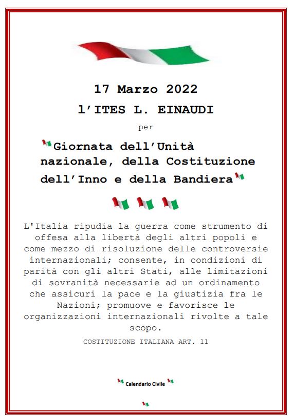 17 marzo giornata dell'Unità nazionale, della Costituzione, dell'Inno e  della Bandiera - ITES Luigi Einaudi